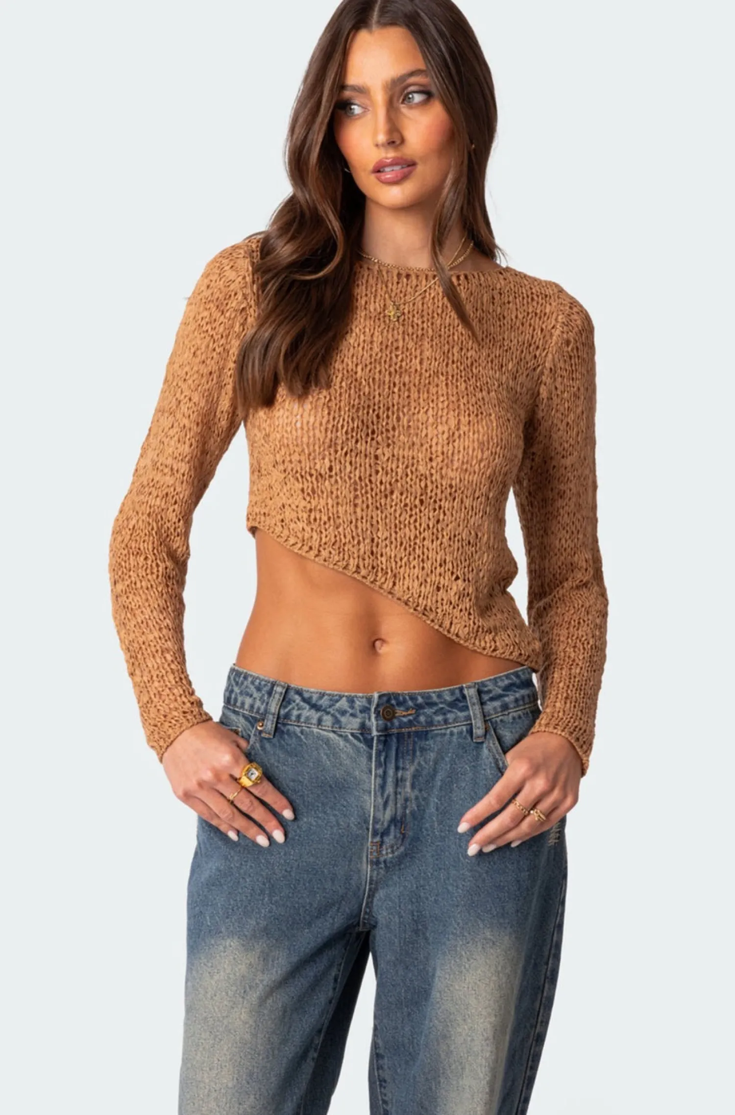 Crop Tops | Long Sleeve Tops*edikted Sheer Loose Knit Asymmetric Top CAMEL