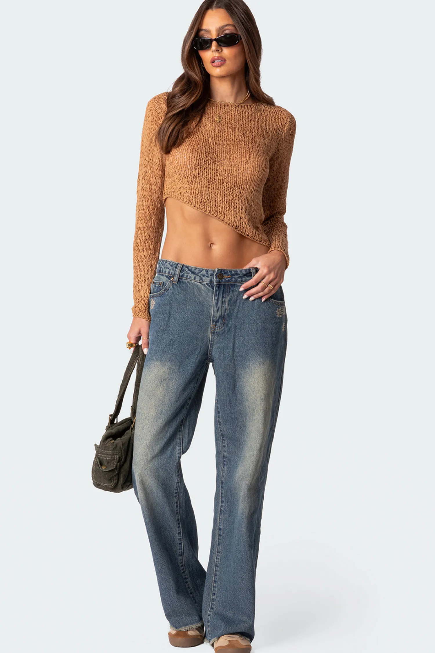 Crop Tops | Long Sleeve Tops*edikted Sheer Loose Knit Asymmetric Top CAMEL