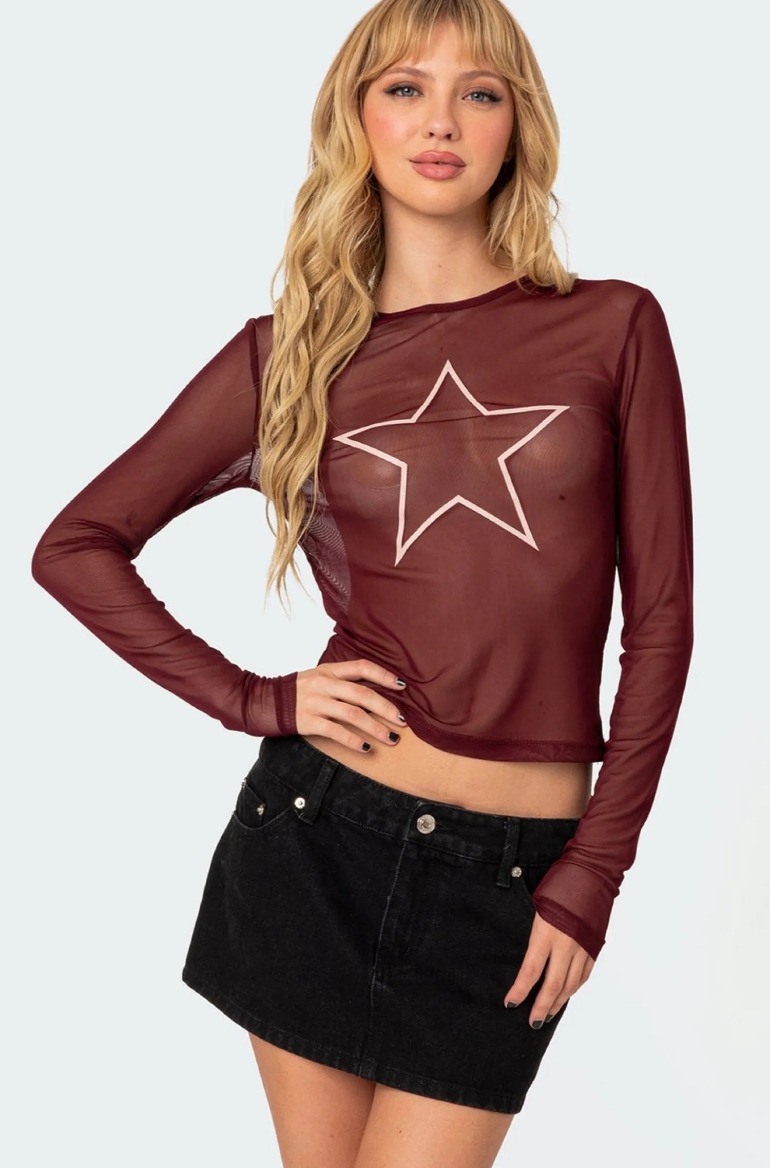 Long Sleeve Tops | Graphic Tops*edikted Stargaze Sheer Mesh Top BURGUNDY