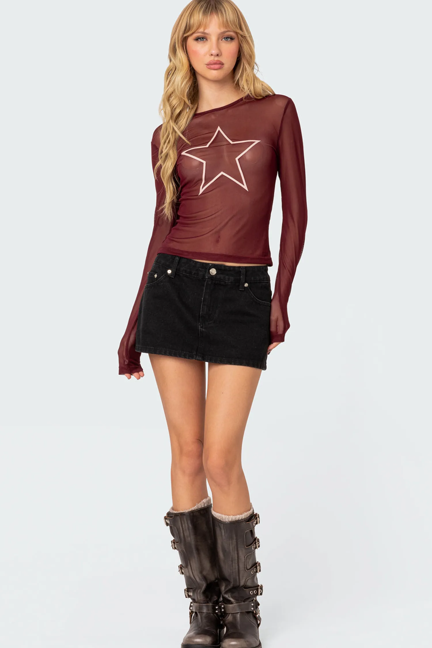 Long Sleeve Tops | Graphic Tops*edikted Stargaze Sheer Mesh Top BURGUNDY