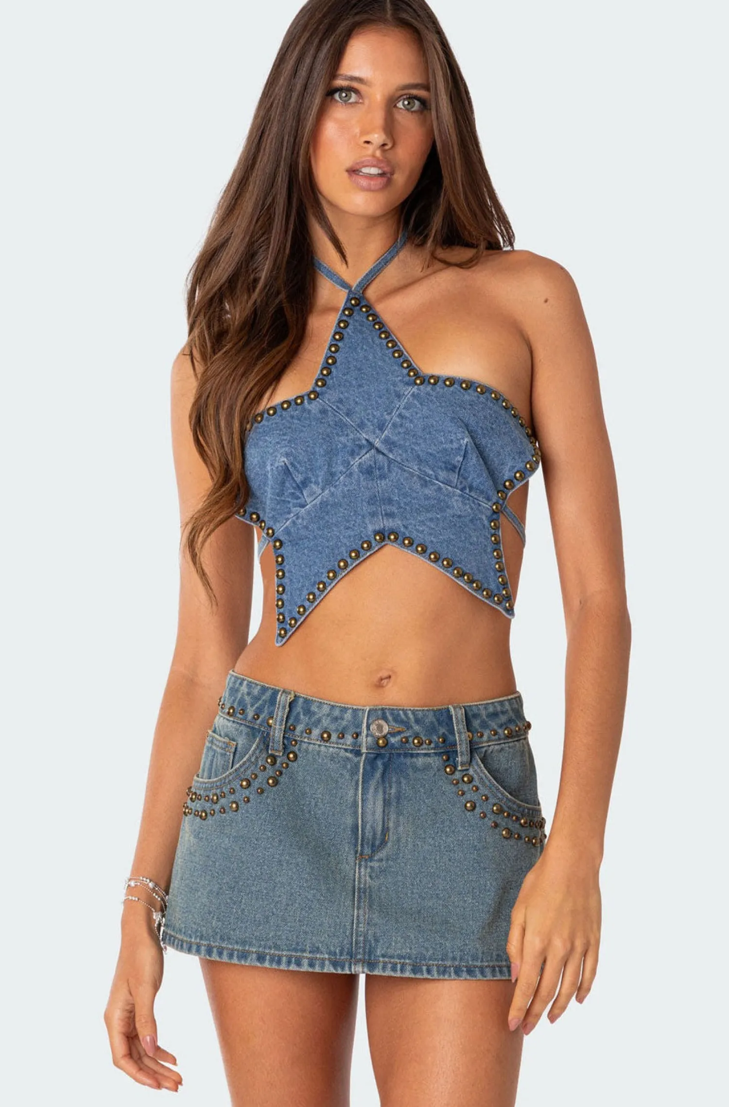 Crop Tops | Denim Tops*edikted Starlet Studded Denim Crop Top BLUE WASHED