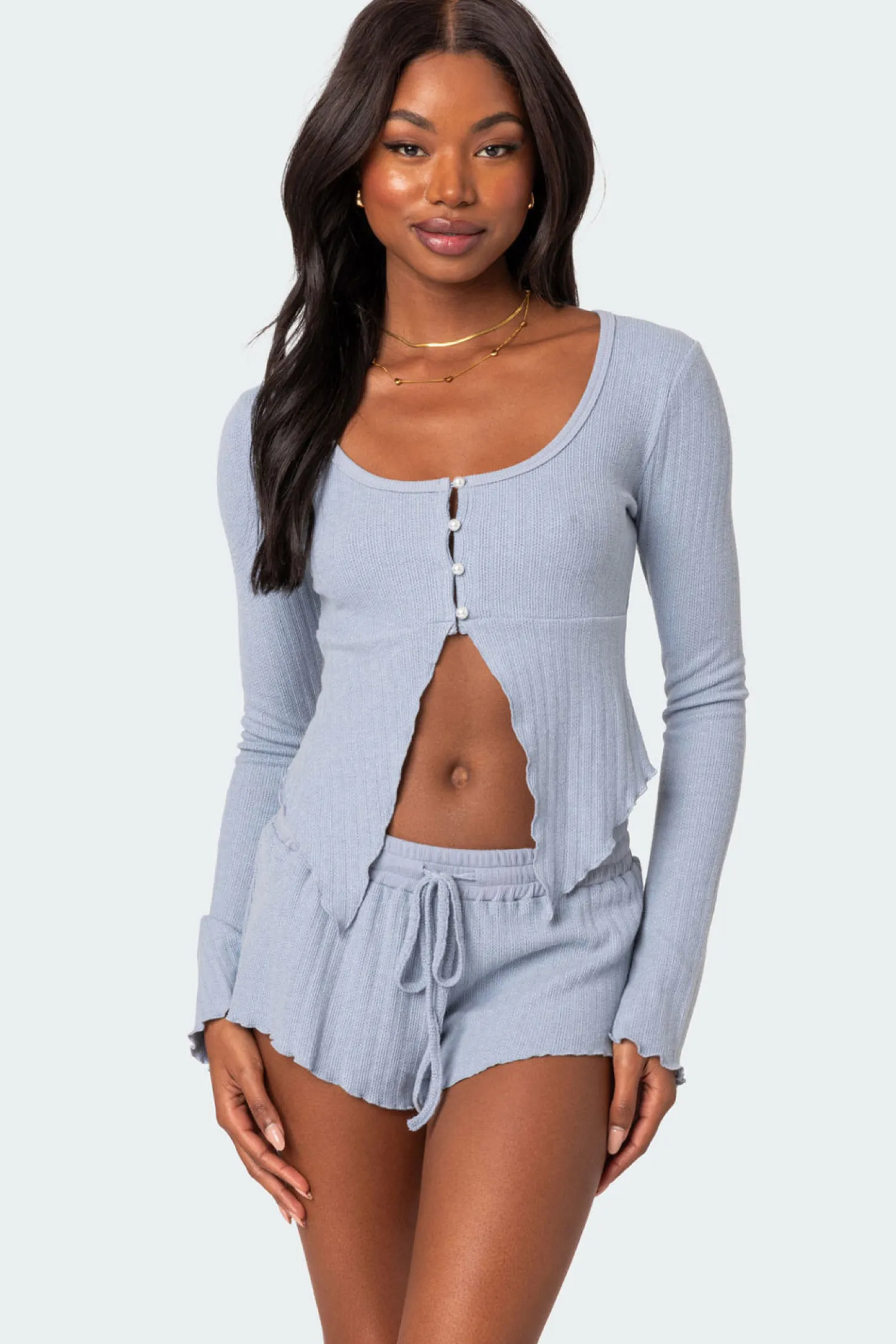 Crop Tops | Long Sleeve Tops*edikted Stay Cozy Split Front Ribbed Top LIGHT BLUE