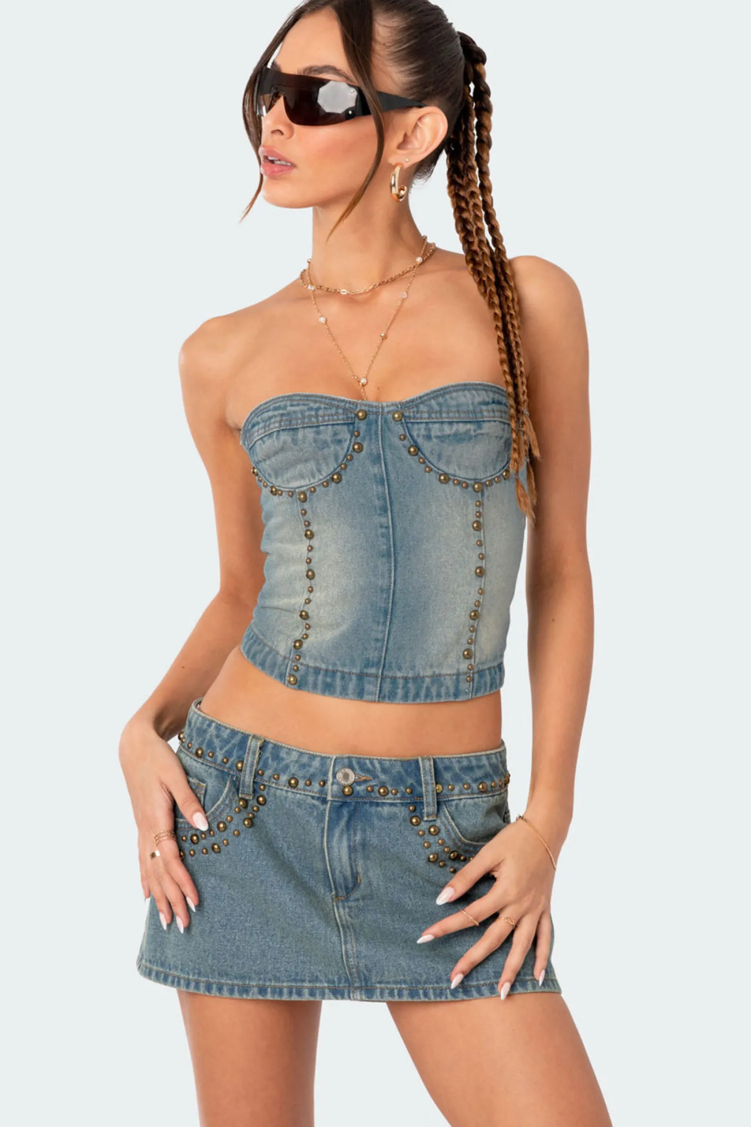 Corsets | Corsets*edikted Studded Washed Denim Lace Up Corset BLUE