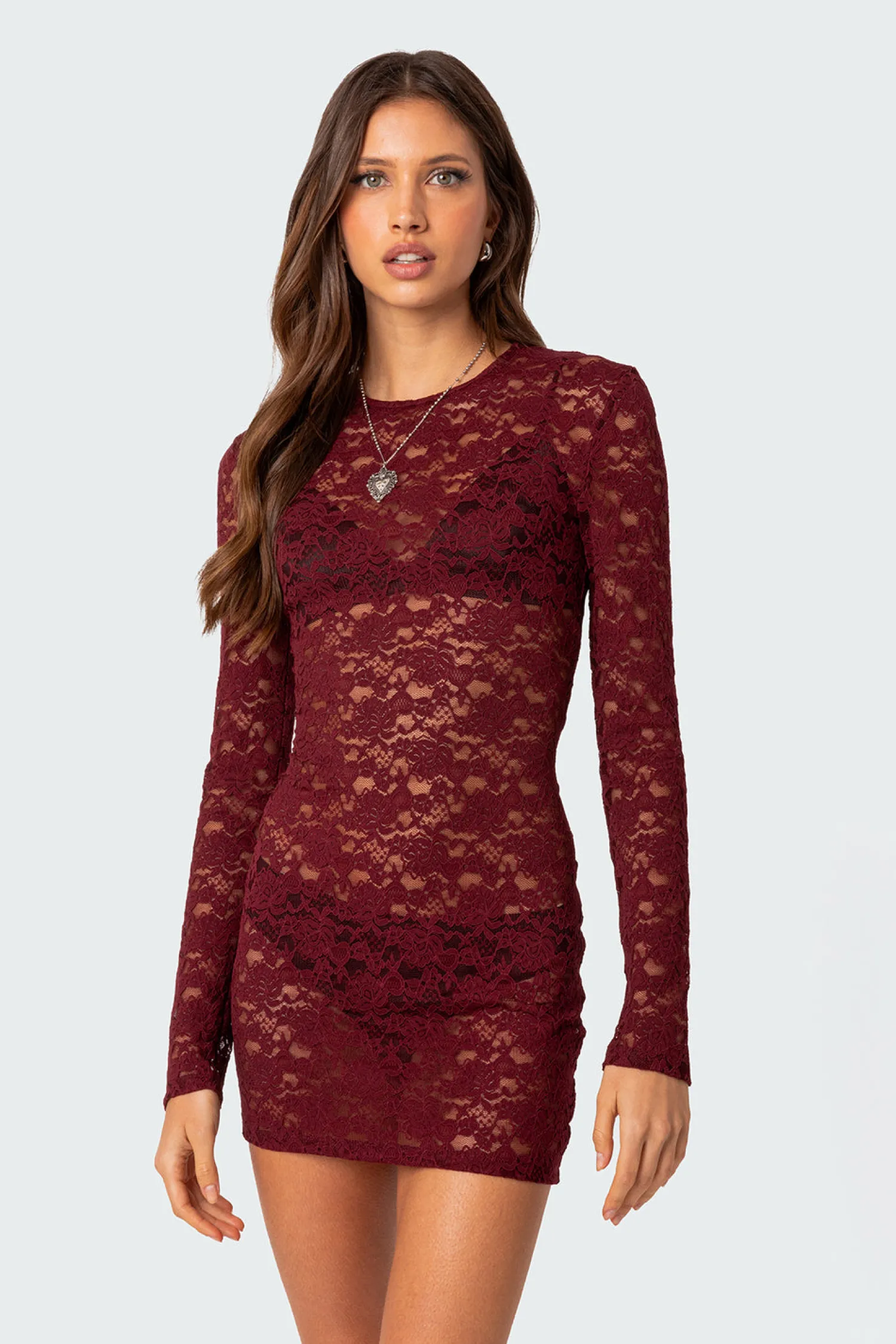 Mini Dresses | Long Sleeve Tops*edikted Surreal Sheer Lace Mini Dress BURGUNDY