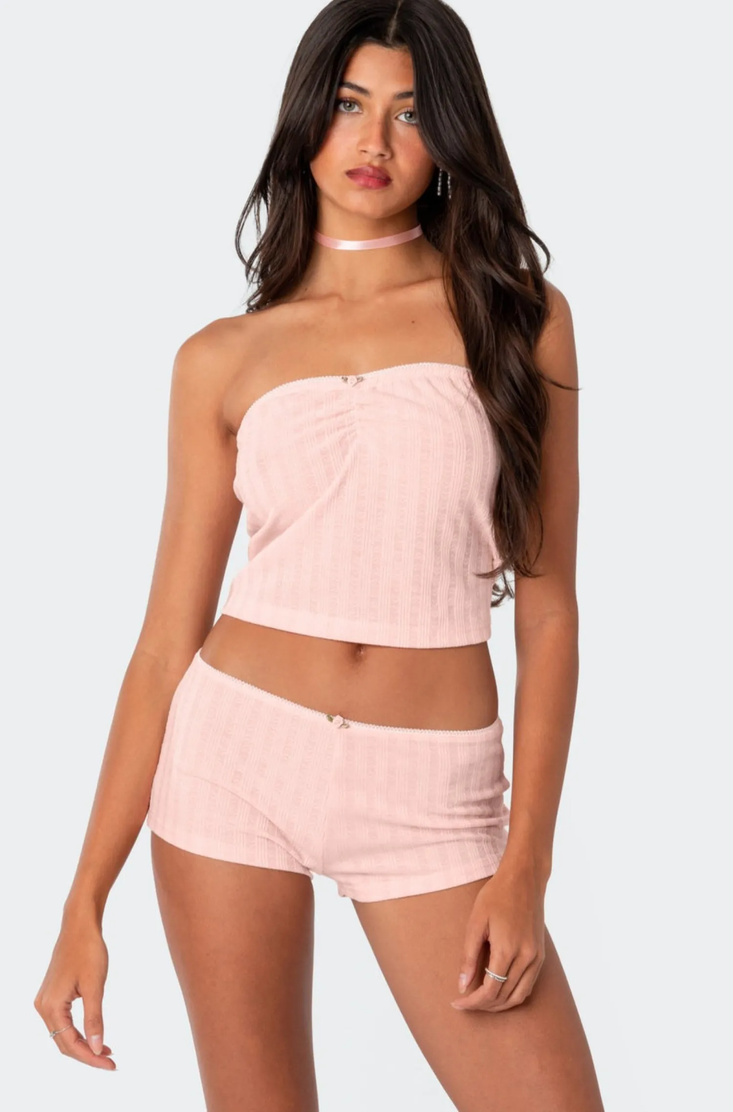 Strapless Tops | Loungewear*edikted Sweetpea Ruched Pointelle Tube Top LIGHT PINK