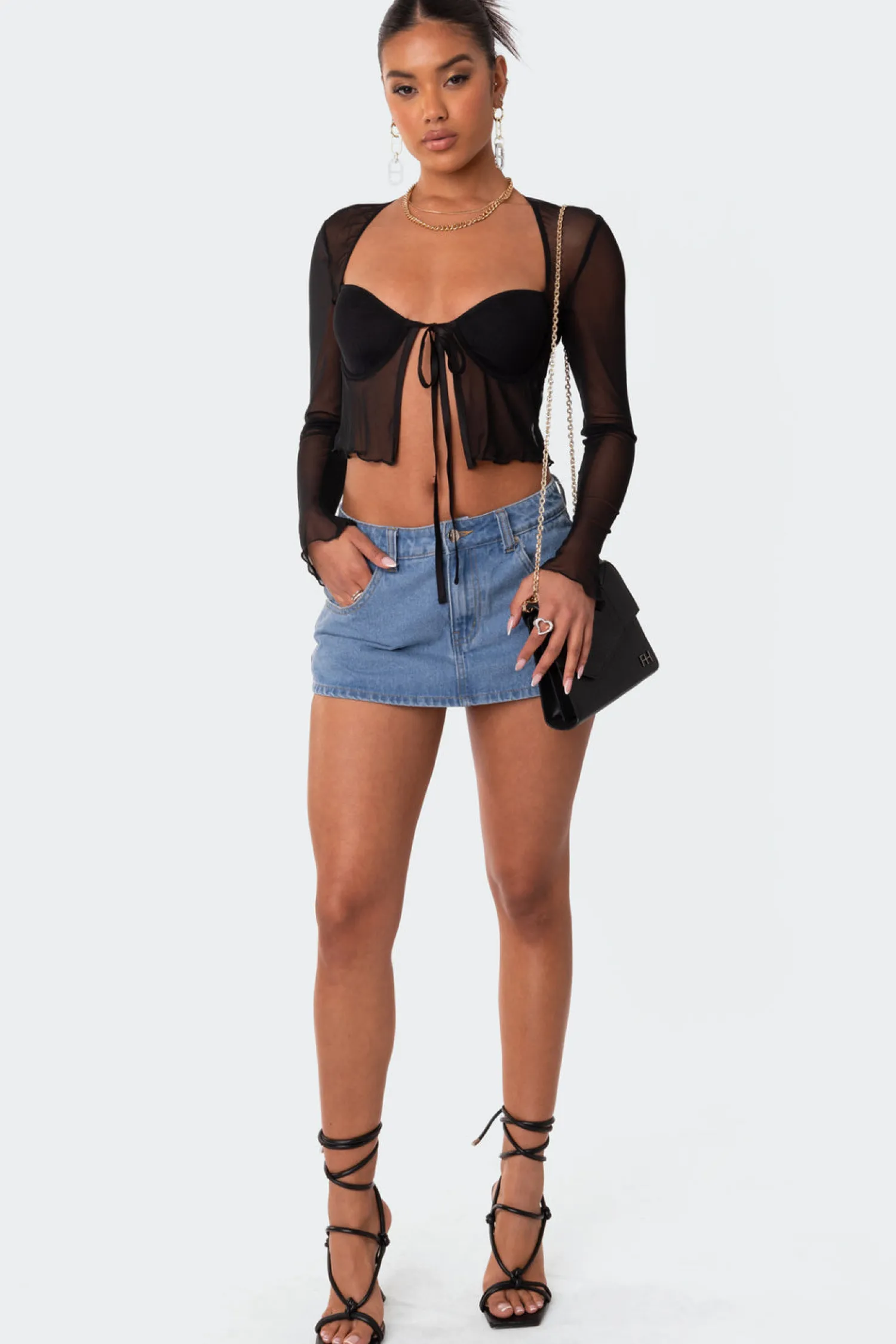 Crop Tops | Corsets*edikted Tie Front Cupped Mesh Top BLACK