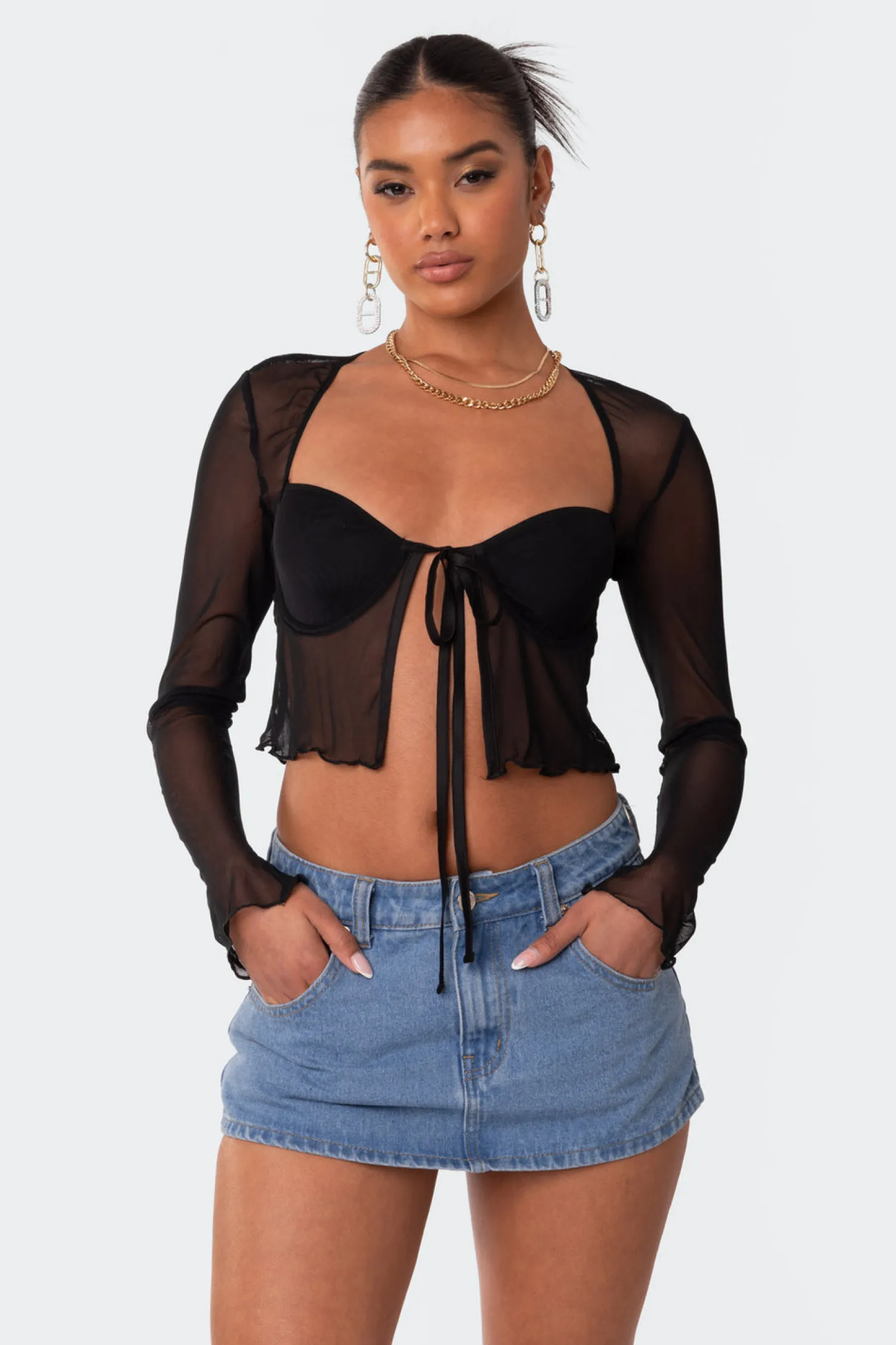 Crop Tops | Corsets*edikted Tie Front Cupped Mesh Top BLACK