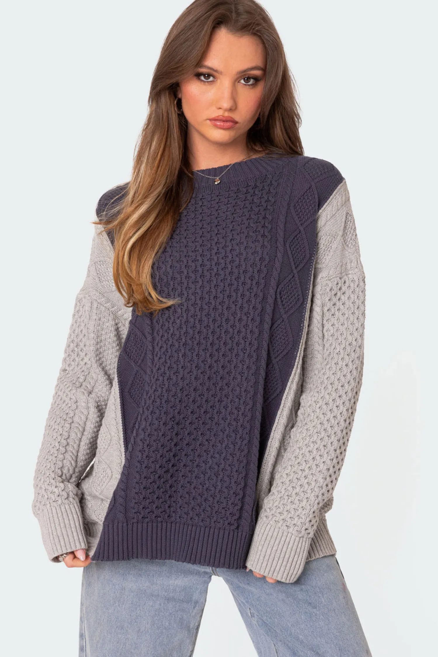 Sweaters & Cardigans | Long Sleeve Tops*edikted Two Tone Oversized Cable Knit Sweater NAVY AND GRAY