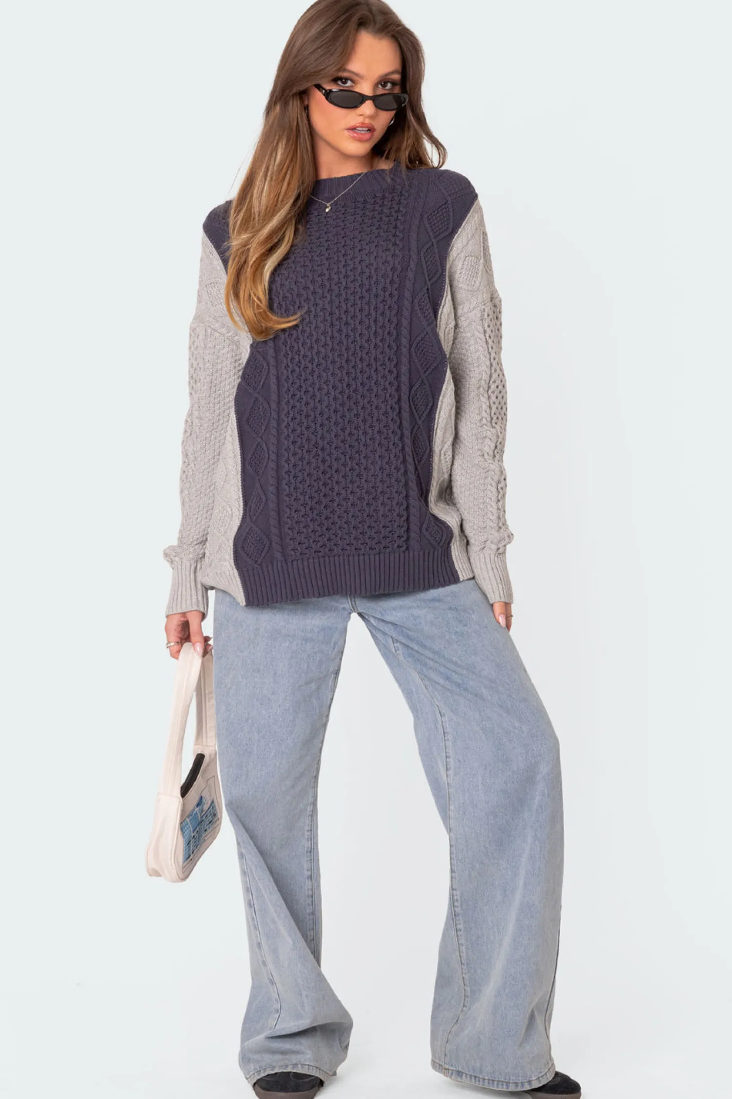 Sweaters & Cardigans | Long Sleeve Tops*edikted Two Tone Oversized Cable Knit Sweater NAVY AND GRAY