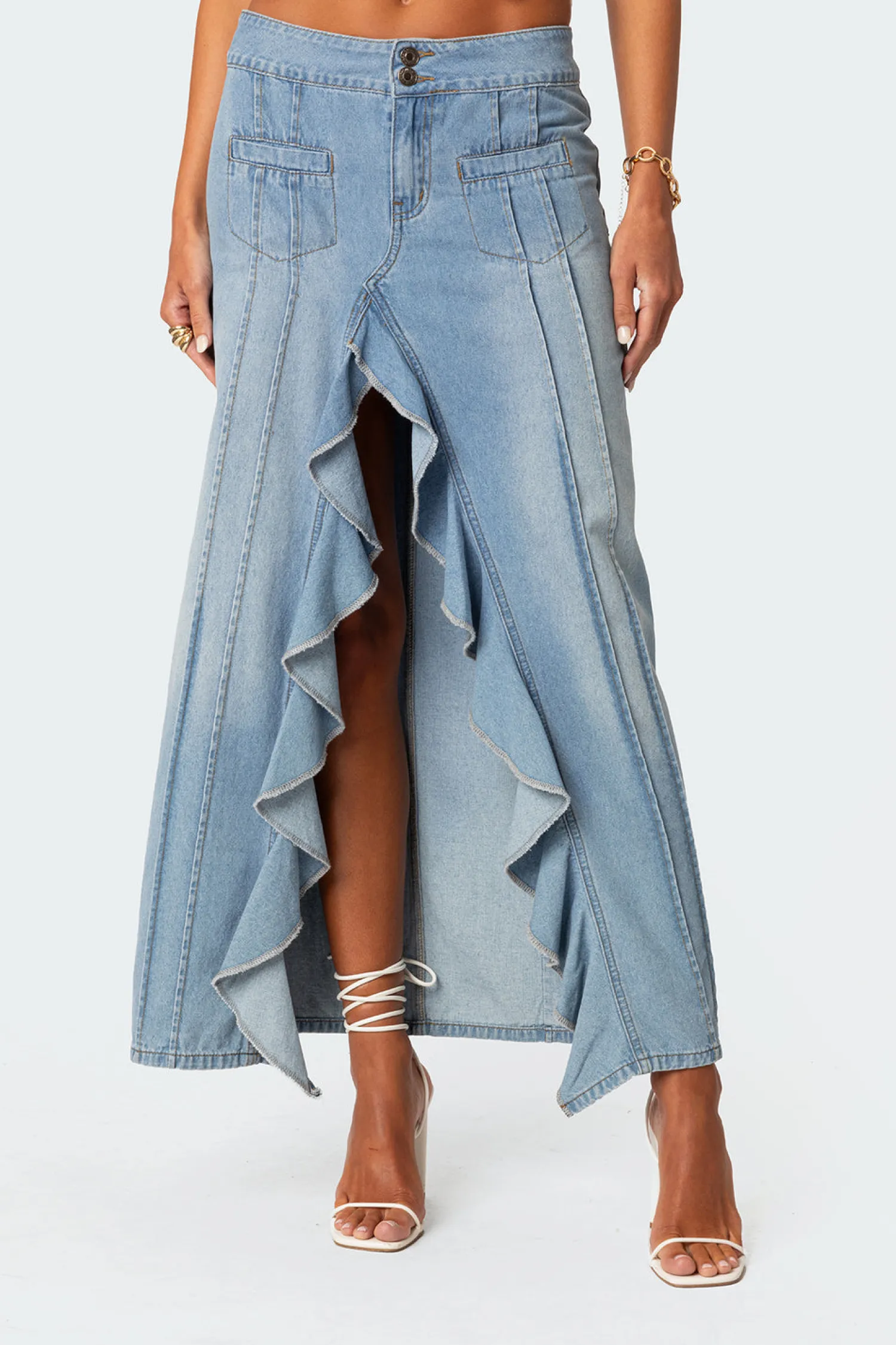 Skirts | Skirts*edikted Valencia Ruffle Slitted Denim Maxi Skirt BLUE