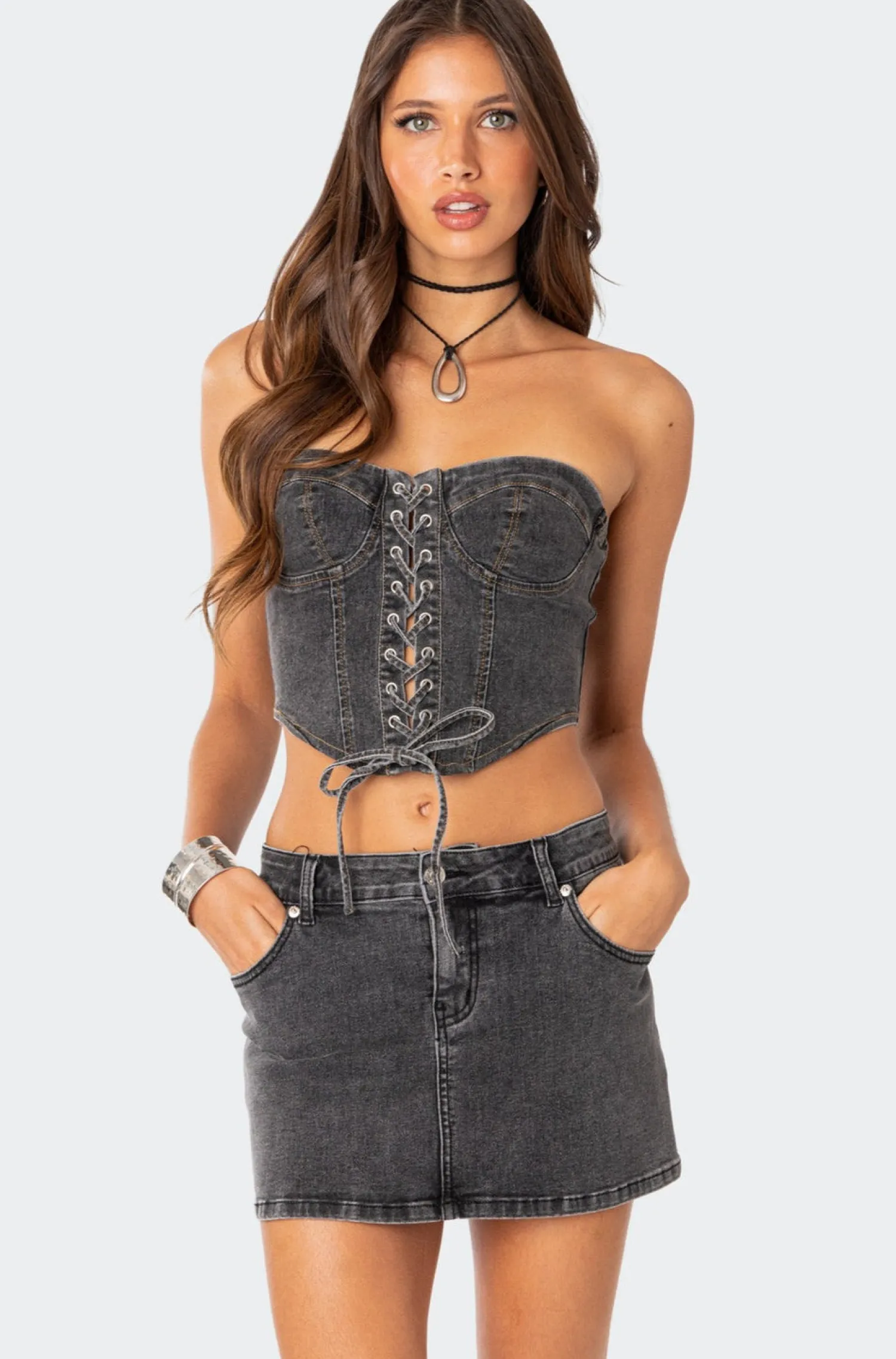 Corsets | Corsets*edikted Waverly Denim Lace Up Corset BLACK WASHED